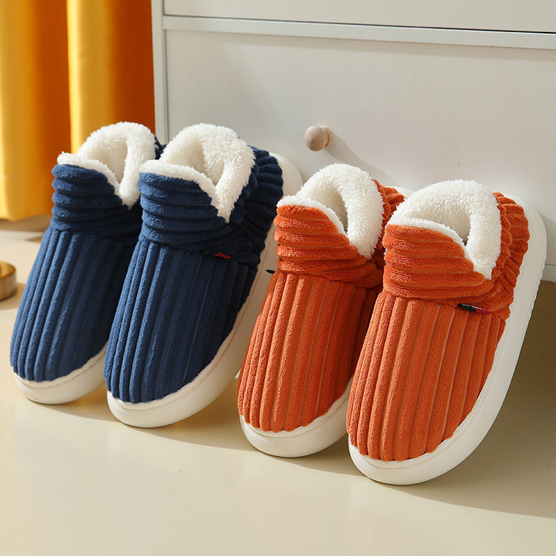 Pluffy slippers in Navy and Pumpkin side by side