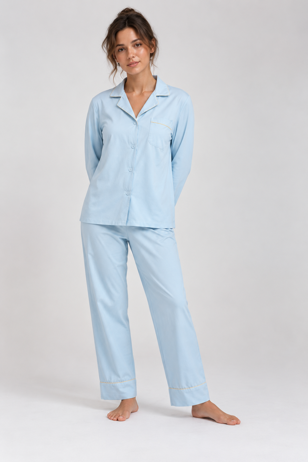 Still Nights Modal Sleep Set in Powder Blue, long-sleeve button-front top and trousers, front view on model
