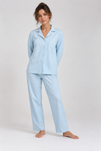 Still Nights Modal Sleep Set in Powder Blue, long-sleeve button-front top and trousers, front view on model