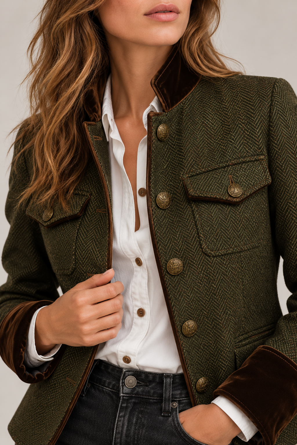Velvet-look stand collar, placket and cuffs, with the flap chest pockets