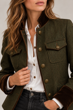 Velvet-look stand collar, placket and cuffs, with the flap chest pockets